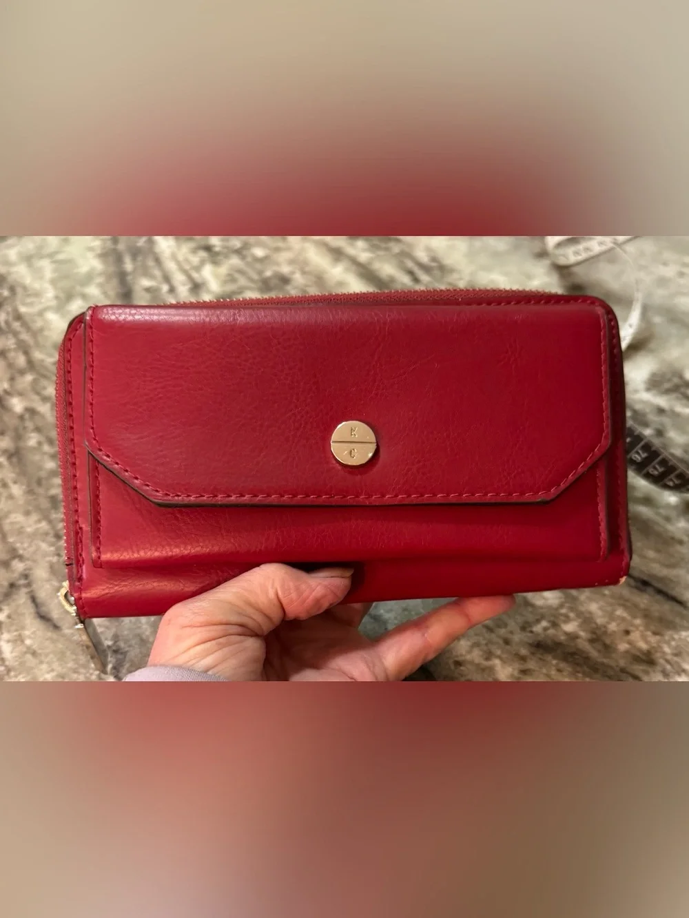 Kenneth Cole Deep Red Leather Zip Wallet with Silver-Tone Button